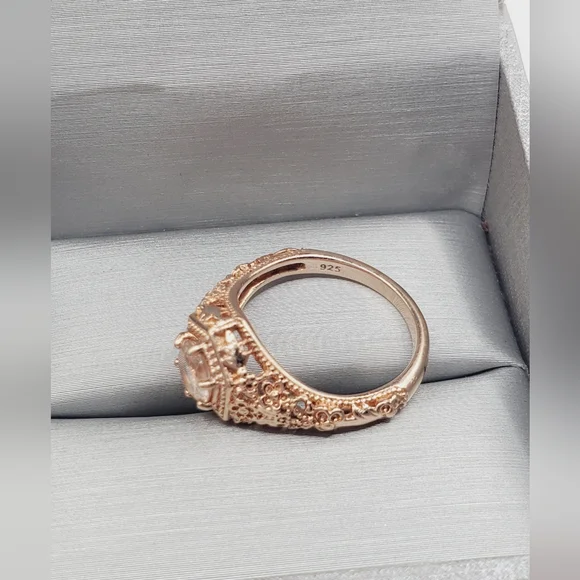 Genuine Round Morganite 14k Rose Gold - 925 Sterling Silver Filigree Floral Ring - Picture 5 of 8